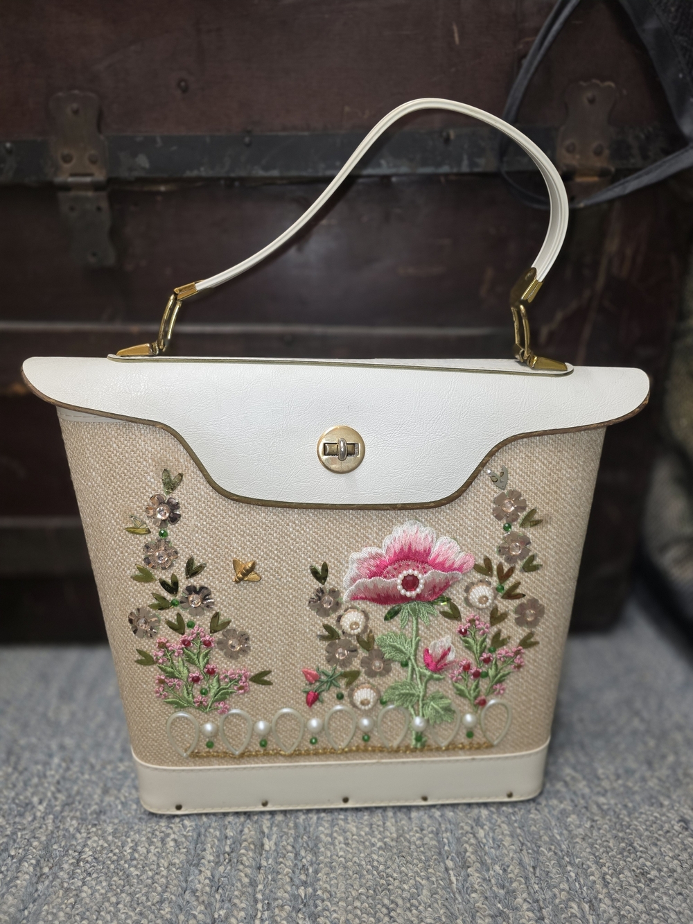 Vintage 1950s Enid Collins Floral Embroidered Top-Handle Women’s Bag